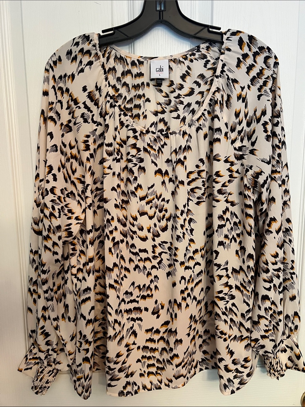 CAbi Cream Animal Print Blouse with Black & Gold Accents